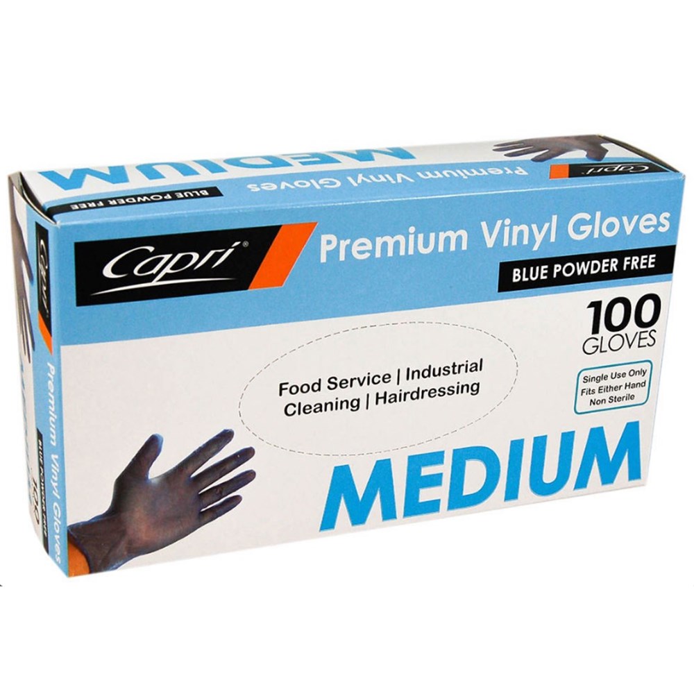 Gloves Vinyl Blue Medium Powder Free x100